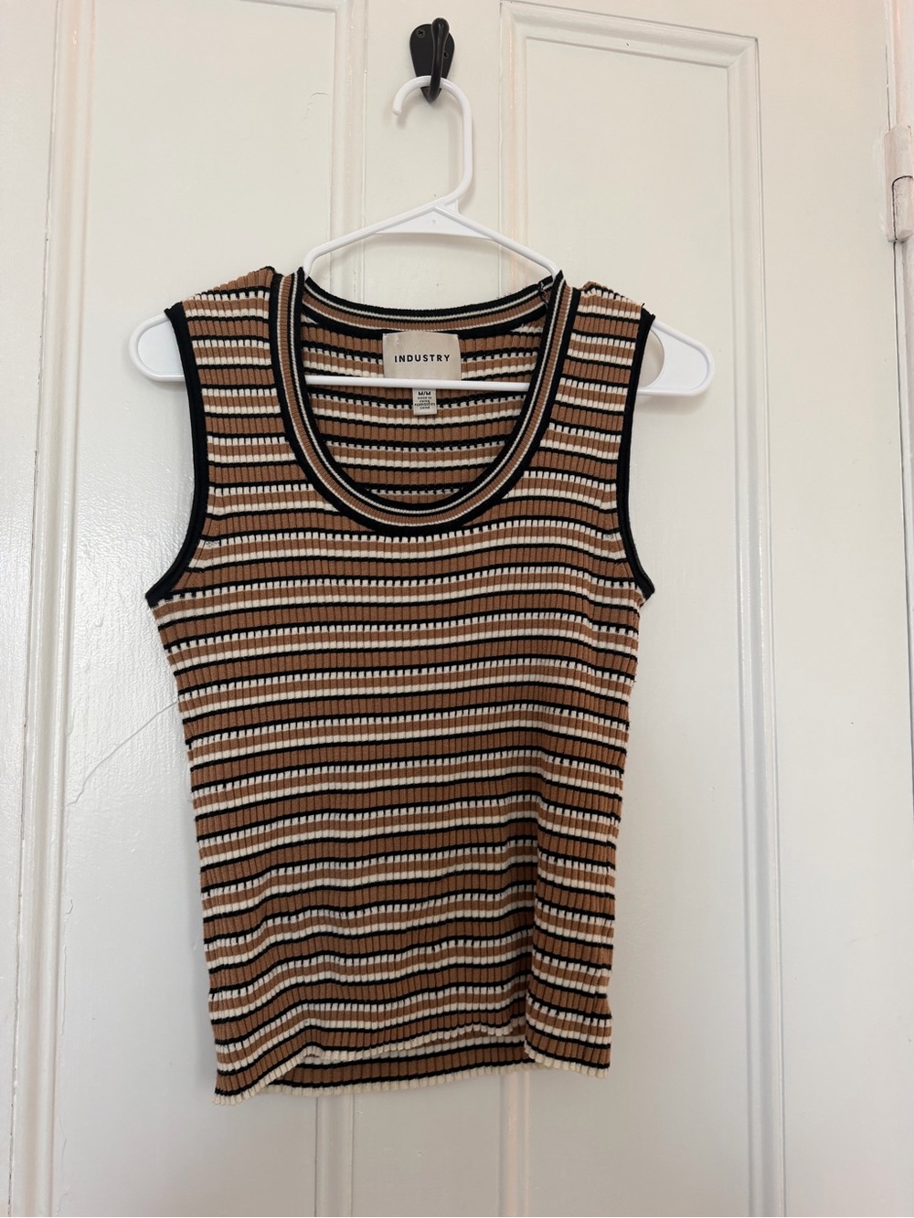 Tan Black Striped Ribbed Tank Top
